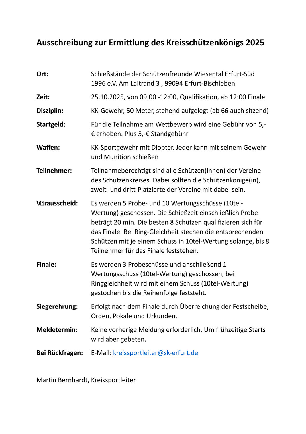 Ausschreibung zur Ermittlung des Kreisschützenkönigs 2025